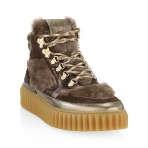 Voile Blanche Eva Hike Brown Shearling Lace-Up Platform Boot with Gold Trim